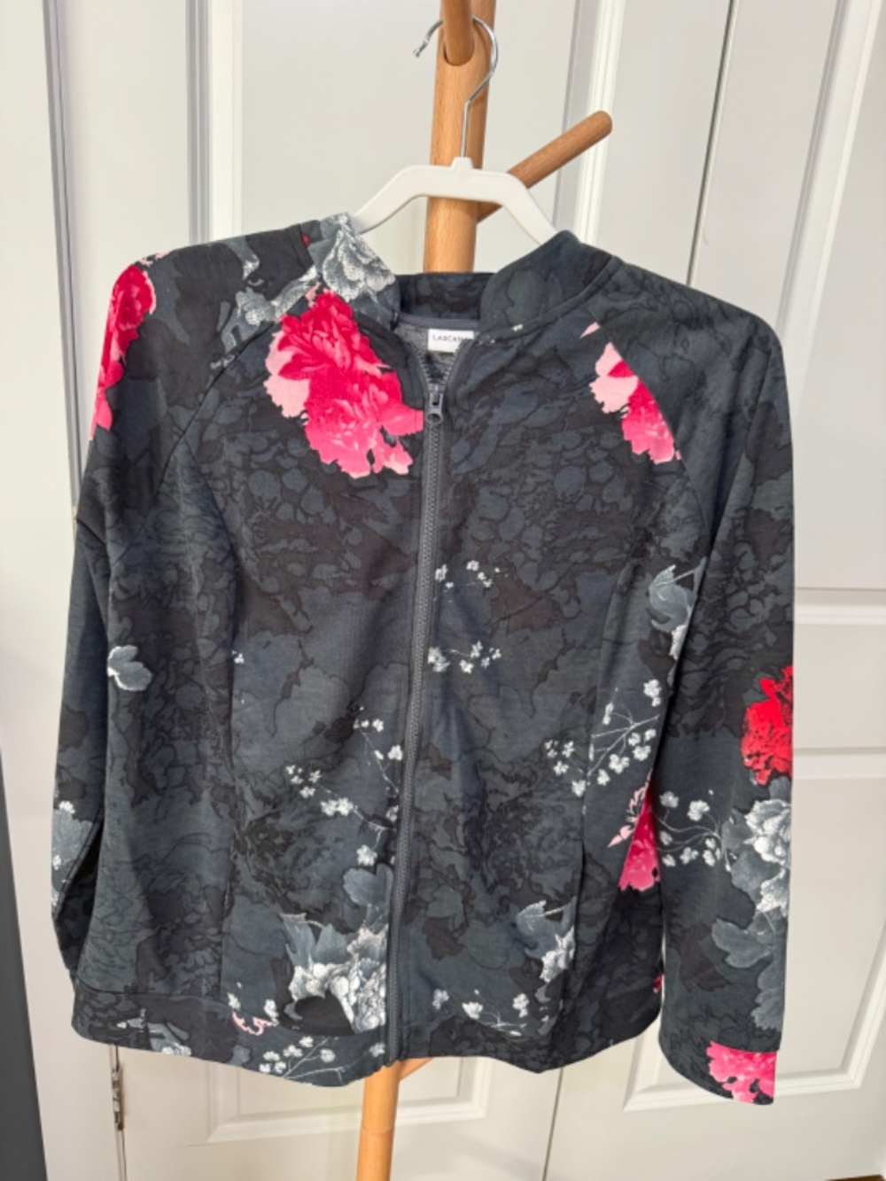 Lascana Floral Zip Front Jacket Black Pink Gray Lightweight Bomber Size L 12/14